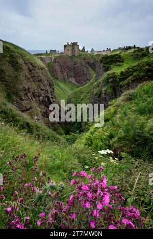 Fernansicht von Dunnottar Castle, das auf einer beeindruckenden Klippe entlang der nordöstlichen Küste Schottlands, Stonehaven, Schottland, Großbritannien, Europa liegt Stockfoto