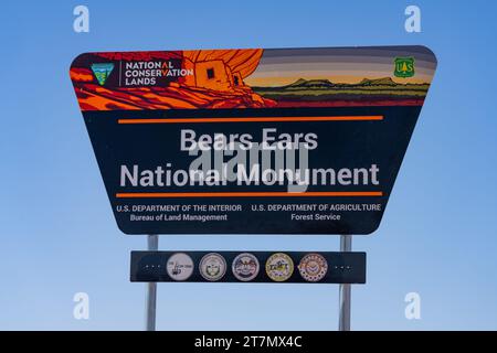 Ein Schild für das Bears Ears National Monument in Utah. Stockfoto