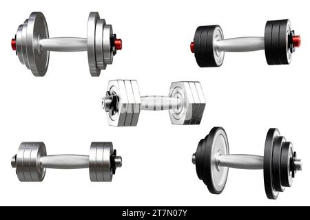 Set von Kurzhanteln isoliert auf weißem Hintergrund. 3D-Rendering realistisch Stockfoto