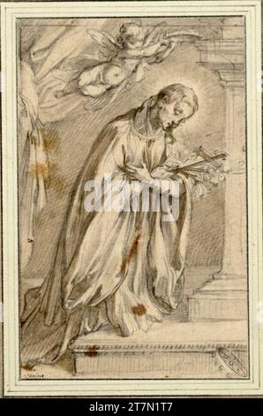 Francesco Vanni Saint Aloisius Gonzaga. (Er kniet mit gekreuzten Armen vor seiner Brust rechts auf der Basis; die Krone der Gonzaga unten rechts; ein Engel Putto hält eine Krone über dem Kopf). Kreide; braunes Lavendel; braunes Papier Stockfoto