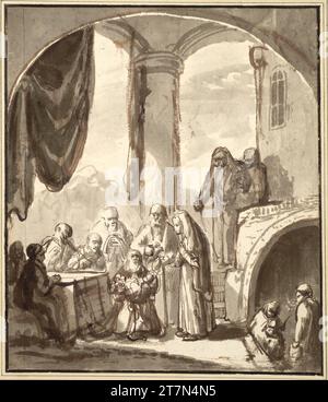 Nicolaes Maes Darstellung Christi im Tempel. Feder in braun, grau Lavated, Deck weiß Korrekturen; zwei durchgehende vertikale Knicke in der Nähe der Seitenkanten. Stockfoto