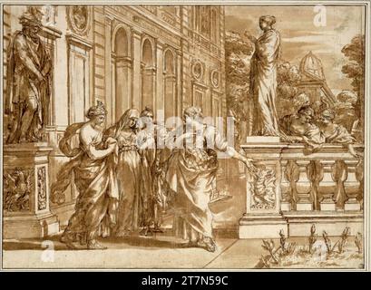 Pietro da Cortona Allegory zu Ehren des Collegio Romano. (Vor einer Palastarchitektur zwischen zwei Statuen, vier allegorische Frauen; über einer Balustrade zwei Frauen, von denen eine einen Kreis hält; unter den Statuen das Wappen der Borghese). Kreide; Feder; Tinte; Lavated Stockfoto