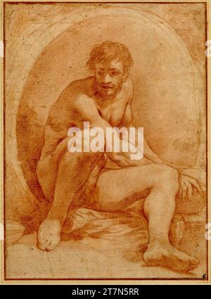 Pietro da Cortona Diogenes sitzt in der Vorderansicht in seinem Fass und hält eine Schüssel in beiden Händen nach rechts. Red Chalk 1630er Jahre Stockfoto