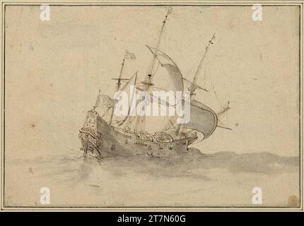 Willem van de Velde d. J. Kriegsschiff mit vollen Segeln. Feder in Braun, grau Lavated, über Graphit Bleistift, auf bräunlichem Papier. Etwas schmutzig durch braunen Fleck. Darunter und graue Spritzer, an den Blattkanten durch hellgrüne Farbe. Stockfoto