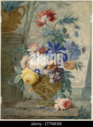 Wybrand Hendriks Flower still Life - in Vase mit Vanitas Motiv (Putto mit Seifenblase und Schädel). Aquarell, über dem Frühling in Grau. Einzelne Risse und restaurierte Defekte an den Kanten. Stockfoto