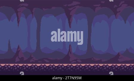 Pixel Art Game Hintergrund, unterirdische Höhle mit Stalaktiten und Stalagmiten. Vektor 8-Bit Retro Videospiel nahtlose Höhlenhintergrund Stock Vektor