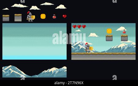 Plattform-Grafikkit für mittelalterliche Pixel-Art-Spiele. Ritter in Rüstung mit Schwert und Schild mit Bergen, Wolken und verschiedenen Gegenständen. Video-Retro-Spiel V Stock Vektor
