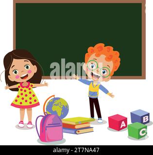 Niedliche Kinder, die Weltkarte studieren, studieren in der Schule Stock Vektor