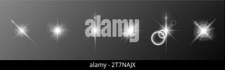 Strahlend weißes Licht auf transparentem Hintergrund. Eine Ansammlung von verschiedenen leuchtenden Funken, Sternen. Stock Vektor