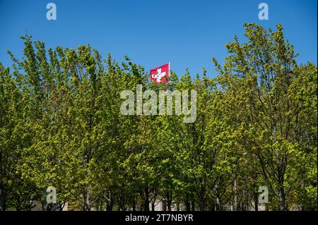 08.05.2023, Berlin, Deutschland, Europa - die Schweizerfahne weht auf der Schweizerischen Botschaft in Berlin-Tiergarten im Berliner Bezirk Mitte. *** 08 05 2023, Berlin, Deutschland, Europa die Schweizer Flagge fliegt an der Schweizerischen Botschaft in Berlin Tiergarten im Berliner Bezirk Mitte Credit: Imago/Alamy Live News Stockfoto