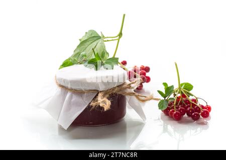 Viburnum-Konfitüre in einem Glasgefäß und frisches rotes Viburnum isoliert auf weißem Hintergrund. Stockfoto