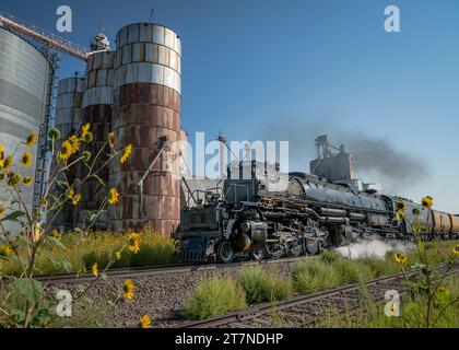 Eine alte Dampflokomotive fährt an einem Getreidesilo vorbei und bläst Rauch aus seinem Kamin, im Osten von Colorado, Stockfoto