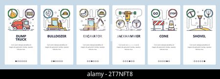 Onboarding-Bildschirme für mobile Apps. Symbole der Bauindustrie, schwere Maschinen, Kipplaster, Planierraupe, Bagger. Menüvektorbanner-Vorlage für Website Stock Vektor