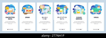 Onboarding-Bildschirme für mobile Apps. Datenschutz, sicherer Zugriff, Spam und Malware, Hacker, Viren, Cloud-Speicher. Menüvektorbanner-Vorlage für Website Stock Vektor