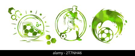 Fußballspieler mit grünem Ball-Logo. Handzeichnung. Nicht AI. Vektorabbildung Stock Vektor