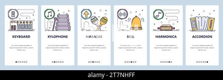 Onboarding-Bildschirme für mobile Apps. Musikinstrumente, Tastatur, Xylofon, Maracas, Mundharmonika, Akkordeon. Menüvektorbanner-Vorlage für Website und Mo Stock Vektor