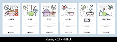 Onboarding-Bildschirme für mobile Apps. Menü im Café oder Restaurant, Pasta, Reis, Suppe, Dressing. Vektorbanner-Vorlage für Website- und mobile Entwicklung Stock Vektor