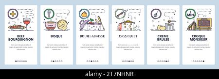 Onboarding-Bildschirme für mobile Apps. Französische Küche, Rindfleisch Bourguignon, Creme Brulee, Bisque. Menüvektorbanner-Vorlage für Website- und mobile Entwicklung. Stock Vektor