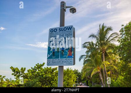 Blick auf ein responsives Poster auf der Stange an der Walking Street, das auf eine richtige Etikette des Walks dringt, auf blauem Himmel Hintergrund. Miami Beach, USA. Stockfoto