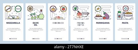 Onboarding-Bildschirme für mobile Apps. Italienische Küche, Lebensmittel, Olivenöl, Mozzarella, Panna Cotta, Nudeln. Menüvektorbanner-Vorlage für Website und Mo Stock Vektor