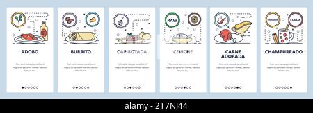 Onboarding-Bildschirme für mobile Apps. Mexikanische Küche, Essensmenü, Burrito, Ceviche. Vektorbanner-Vorlage für Website- und mobile Entwicklung. Website-Desig Stock Vektor