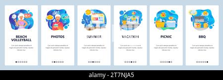 Onboarding-Bildschirme für mobile Apps. Sommerurlaub am Strand, Wochenendpicknick, Beachvolleyball. Menüvektorbanner-Vorlage für Website- und mobile Entwicklung Stock Vektor