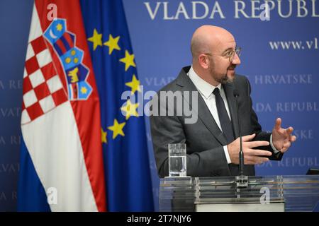 Zagreb, Kroatien. November 2023. Der Präsident des Europäischen Rates, Charles Michel, spricht während einer Pressekonferenz vor dem Treffen der EU-Staats- und Regierungschefs am 16. November 2023 in Zagreb (Kroatien). Foto: Davor Puklavec/PIXSELL Credit: Pixsell/Alamy Live News Stockfoto