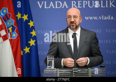 Zagreb, Kroatien. November 2023. Der Präsident des Europäischen Rates, Charles Michel, spricht während einer Pressekonferenz vor dem Treffen der EU-Staats- und Regierungschefs am 16. November 2023 in Zagreb (Kroatien). Foto: Davor Puklavec/PIXSELL Credit: Pixsell/Alamy Live News Stockfoto