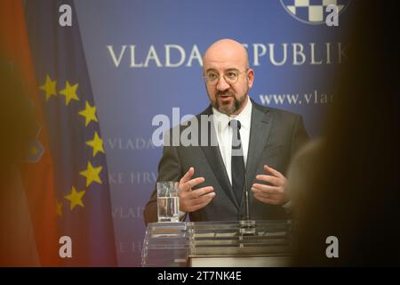 Zagreb, Kroatien. November 2023. Der Präsident des Europäischen Rates, Charles Michel, spricht während einer Pressekonferenz vor dem Treffen der EU-Staats- und Regierungschefs am 16. November 2023 in Zagreb (Kroatien). Foto: Davor Puklavec/PIXSELL Credit: Pixsell/Alamy Live News Stockfoto