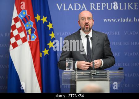 Zagreb, Kroatien. November 2023. Der Präsident des Europäischen Rates, Charles Michel, spricht während einer Pressekonferenz vor dem Treffen der EU-Staats- und Regierungschefs am 16. November 2023 in Zagreb (Kroatien). Foto: Davor Puklavec/PIXSELL Credit: Pixsell/Alamy Live News Stockfoto