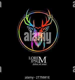 Farbiges Hirschkopf-Logo in einem Kreis. Handzeichnung. Nicht AI, Vektorillustration Stock Vektor