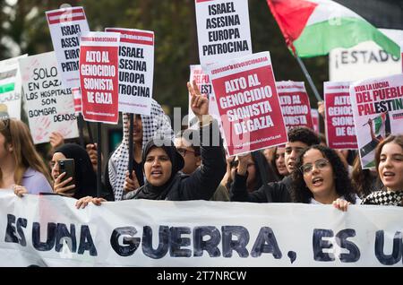 Malaga, Spanien. November 2023. Studenten werden bei einer zweiten Studentendemonstration zur Unterstützung Palästinas und Gazastreifens mit Plakaten und Slogans gesehen. Dutzende von Studenten nahmen an einem Protest der studentengewerkschaft Teil, der ein Ende der Bombardierung von Gaza forderte und in Solidarität mit dem palästinensischen Volk inmitten des Krieges zwischen Israel und der Hamas forderte. Quelle: SOPA Images Limited/Alamy Live News Stockfoto