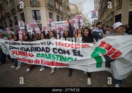 Malaga, Spanien. November 2023. Studenten werden mit einem großen Banner und Plakaten gesehen, während sie an einer zweiten Studentendemonstration zur Unterstützung Palästinas und Gazastreifens teilnehmen. Dutzende von Studenten nahmen an einem Protest der studentengewerkschaft Teil, der ein Ende der Bombardierung von Gaza forderte und in Solidarität mit dem palästinensischen Volk inmitten des Krieges zwischen Israel und der Hamas forderte. (Foto von Jesus Merida/SOPA Images/SIPA USA) Credit: SIPA USA/Alamy Live News Stockfoto