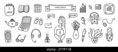 Freelance Doodle Set, schwarz-weiß Vektor Artikel der Arbeit online Stock Vektor