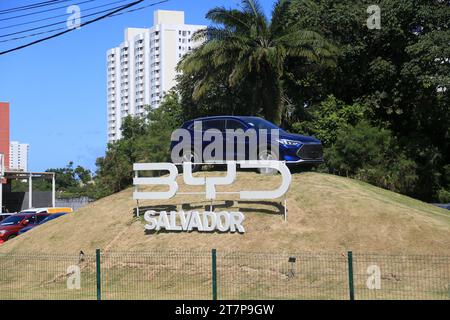 salvador, bahia, brasilien - 11. oktober 2023: Ansicht eines Händlers des Elektro- und Hybridwagenherstellers BYD in der Stadt Salvador. Stockfoto