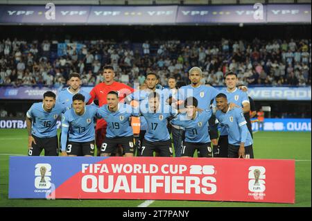 Buenos Aires, Argentinien; 16. november 2023. Uruguay-Team während des Spiels zwischen Argentinien und Uruguay für die CONMEBOL-Qualifikation zur FIFA Fussball-Weltmeisterschaft 2026 Stockfoto