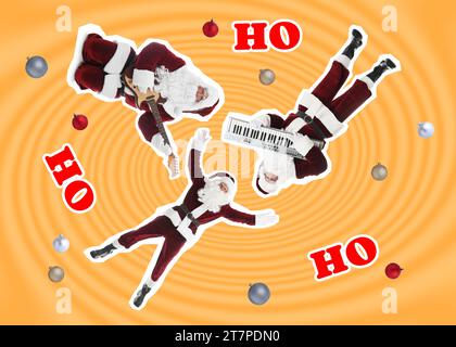 Winterferien buntes Kunstwerk. Weihnachtsklauseln spielen Musik vor farbigem Hintergrund, kreative Collage Stockfoto