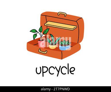 Abbildung des Upcycling-Vektors. Koffer mit Topfpflanzen. Wiederverwendung und Upcycle-Things-Konzept. Nachhaltiges Leben Stock Vektor