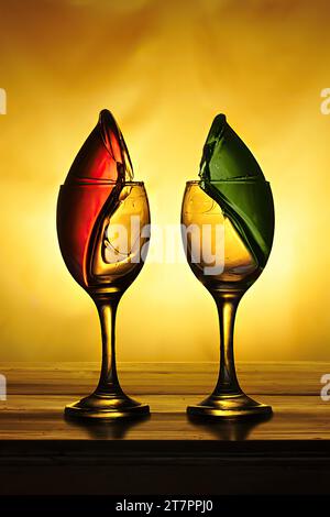 Zwei Weingläser, gefüllt mit grünem und rotem Wasser, bilden eine Kerzenform Stockfoto