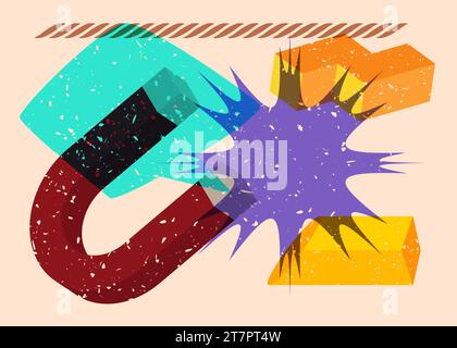 Risographenmagnet mit Sprechblase und geometrischen Formen. Hufeisen-Magnet mit Objekten in trendigem Riso-Grafik-Design mit Geometrie Stock Vektor