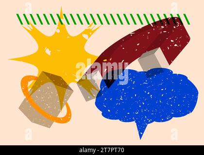 Risographenmagnet mit Sprechblase und geometrischen Formen. Hufeisen-Magnet mit Objekten in trendigem Riso-Grafik-Design mit Geometrie Stock Vektor