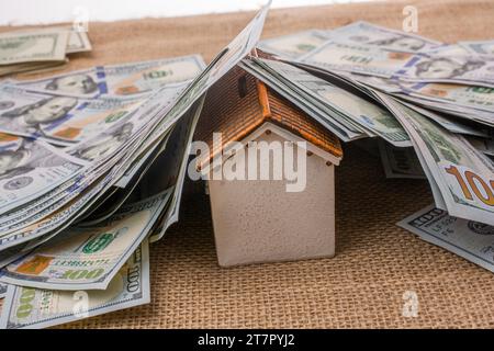 Musterhaus fällt unter Banknoten von US-Dollar Stockfoto