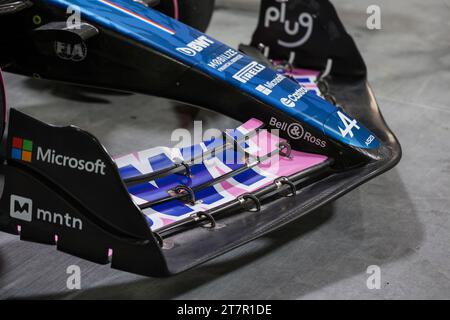 Las Vegas, Etats Unis. November 2023. Frontflügel, Alpine F1 Team A523 während des Formel 1 Heineken Silver Las Vegas Grand Prix 2023, 21. Runde der Formel 1 Weltmeisterschaft 2023 vom 17. Bis 19. November 2023 auf dem Las Vegas Strip Circuit in Las Vegas, USA - Foto Antonin Vincent/DPPI Credit: DPPI Media/Alamy Live News Stockfoto