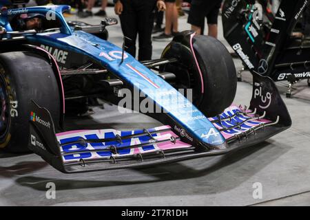 Las Vegas, Etats Unis. November 2023. Frontflügel, Alpine F1 Team A523 während des Formel 1 Heineken Silver Las Vegas Grand Prix 2023, 21. Runde der Formel 1 Weltmeisterschaft 2023 vom 17. Bis 19. November 2023 auf dem Las Vegas Strip Circuit in Las Vegas, USA - Foto Antonin Vincent/DPPI Credit: DPPI Media/Alamy Live News Stockfoto
