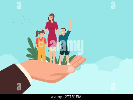 Einfache flache Vektor-Illustration eines Mannes Hand hält eine Mutter mit ihren Kindern, Familienunterhalt, Versicherung, verantwortliches Konzept Stock Vektor
