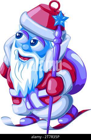 Weihnachtsbaumspielzeug Weihnachtsmann auf Skiern mit Geschenktüte und Personal. Vektor-Illustration des Silvesterspielzeugs Santa Claus (Ded Moroz) auf Skiern in Cartoon Stock Vektor