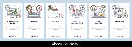 Onboarding-Bildschirme für mobile Apps. E-Mail, eBook, digitales Marketing, Dateizugriff und Kundenseite. Menüvektorbanner-Vorlage für Website- und Mobilgeräte Stock Vektor