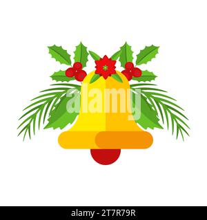 Weihnachtsgirlande mit Glocken und Pflanzenzweigen, Blumen und Beeren. Stock Vektor