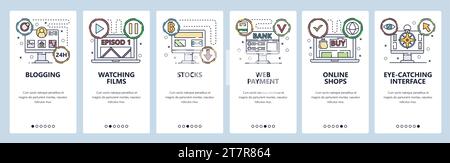 Websiten für Bloggen und Onboarding von mobilen Apps. Menübanner Vektorvorlage für Website- und Anwendungsentwicklung. Flache Form mit dünnem Design. Stock Vektor