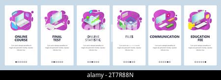 Online-Bildungswebseite und Onboarding-Bildschirme für mobile Apps. Menübanner-Vektorvorlage für Website- und Anwendungsentwicklung mit dynamischem Verlauf Stock Vektor